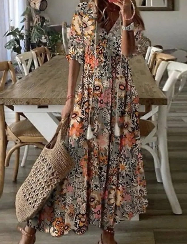 Casual Luźna Sukienka Maxi z Dekoltem w Serek