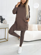 Modny jednolity kolorowy hoodie i ocieplane legginsy zestaw dwuczęściowy