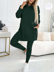 Modny jednolity kolorowy hoodie i ocieplane legginsy zestaw dwuczęściowy