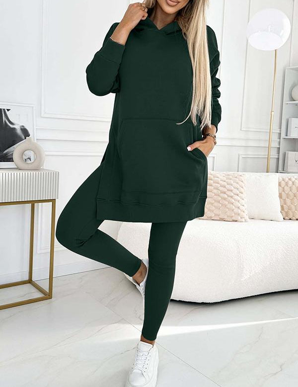 Modny jednolity kolorowy hoodie i ocieplane legginsy zestaw dwuczęściowy