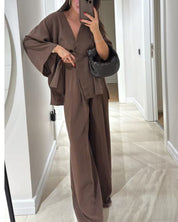 Casual V-Neck Top i Spodnie - Zestaw Dwuczęściowy