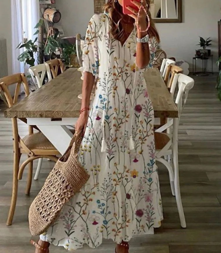 Casual Luźna Sukienka Maxi z Dekoltem w Serek