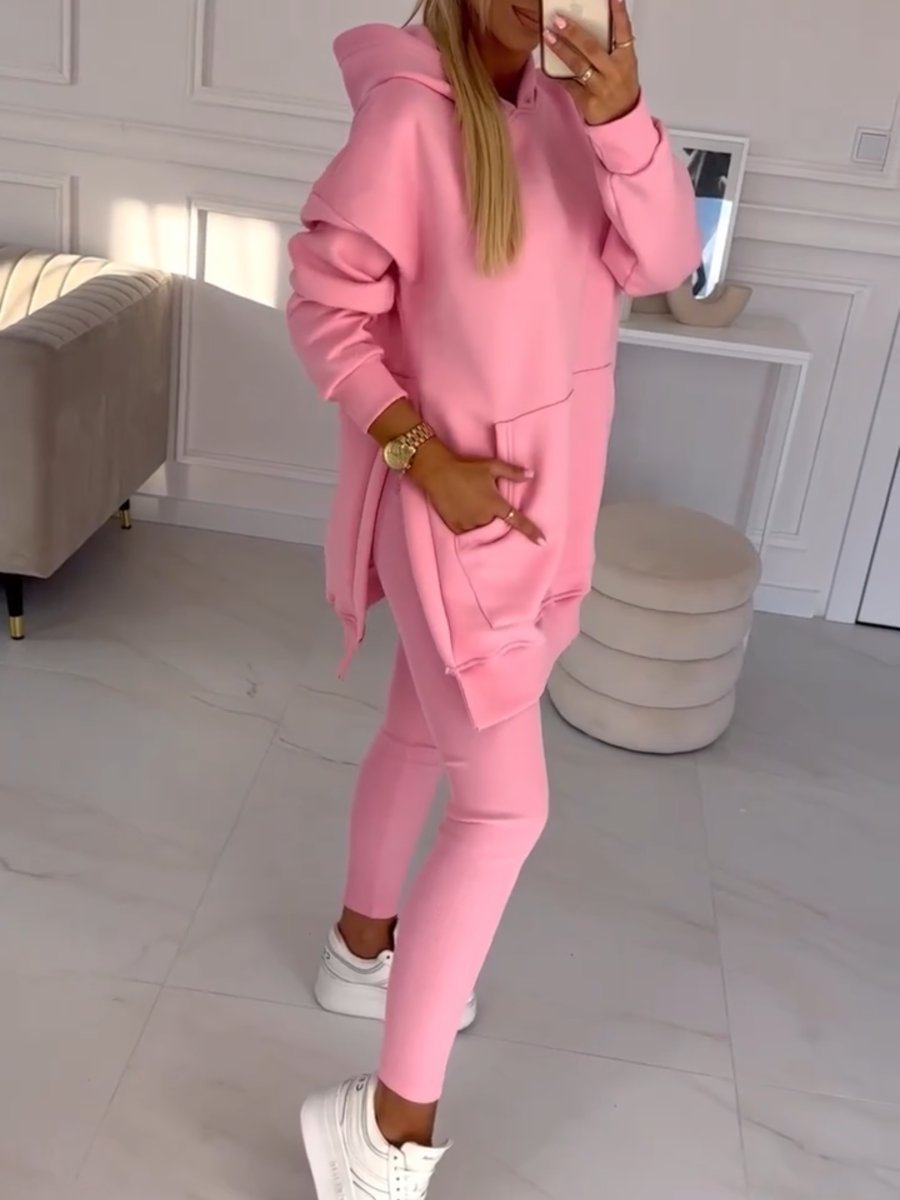 Modny jednolity kolorowy hoodie i ocieplane legginsy zestaw dwuczęściowy