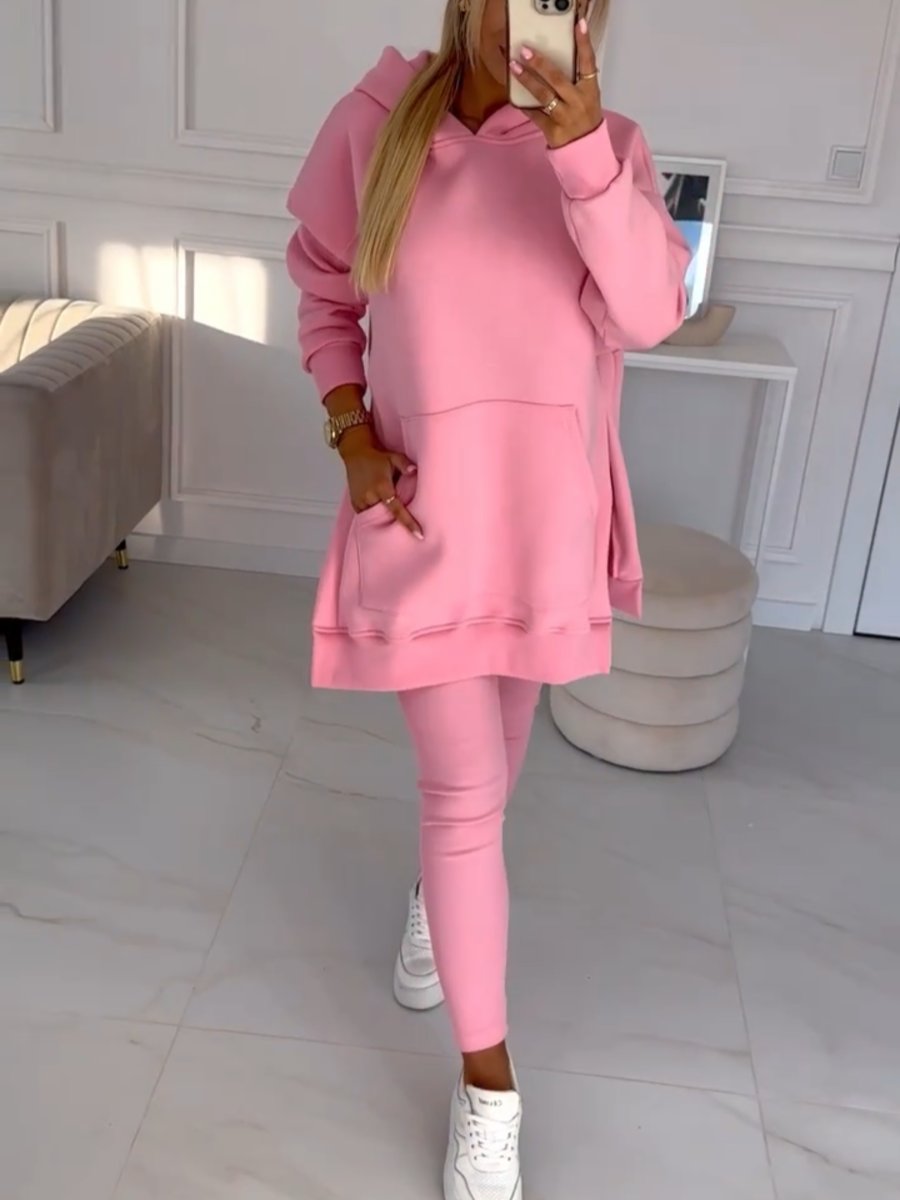 Modny jednolity kolorowy hoodie i ocieplane legginsy zestaw dwuczęściowy
