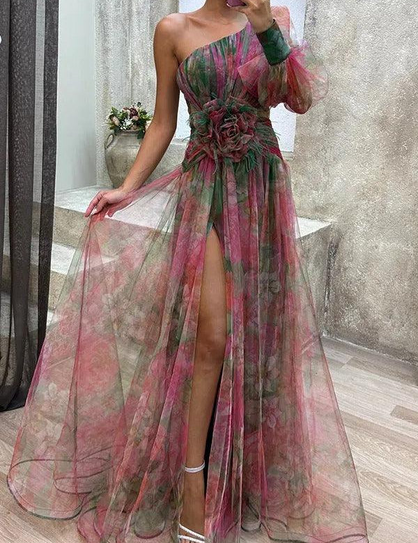 Malownicza Sukienka Maxi z Tulle w Kwiaty z Jednym Rękawem i Rozcięciem