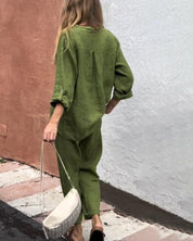 Casualny jednolity kolorowy T-shirt z dekoltem w serek i spodnie, bawełniany len, dwuczęściowy zestaw