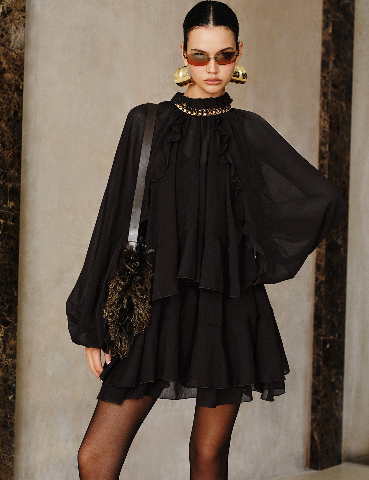 Zestaw Mini Sukienki z Tiered Ruffle Chiffon z Podszewką
