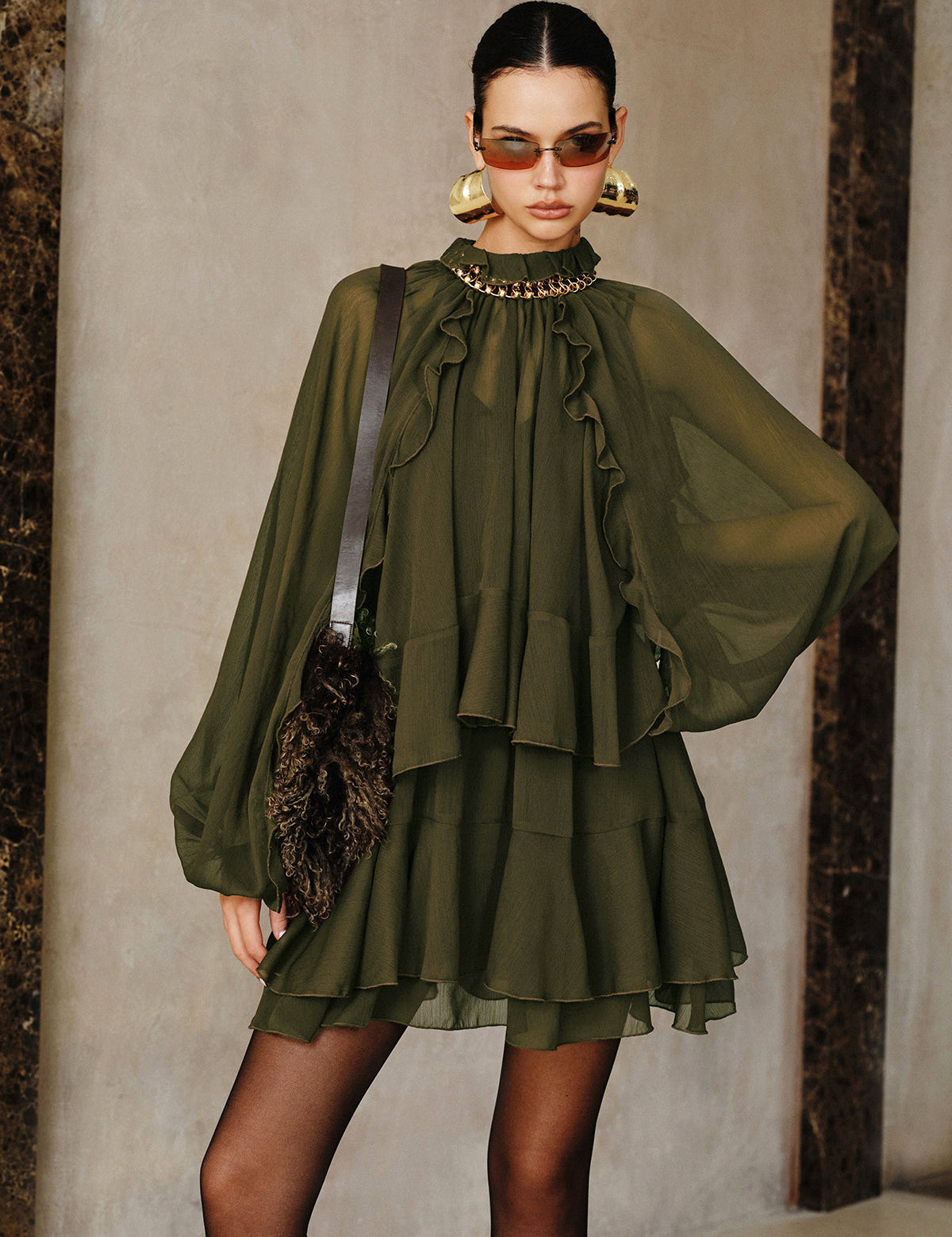 Zestaw Mini Sukienki z Tiered Ruffle Chiffon z Podszewką