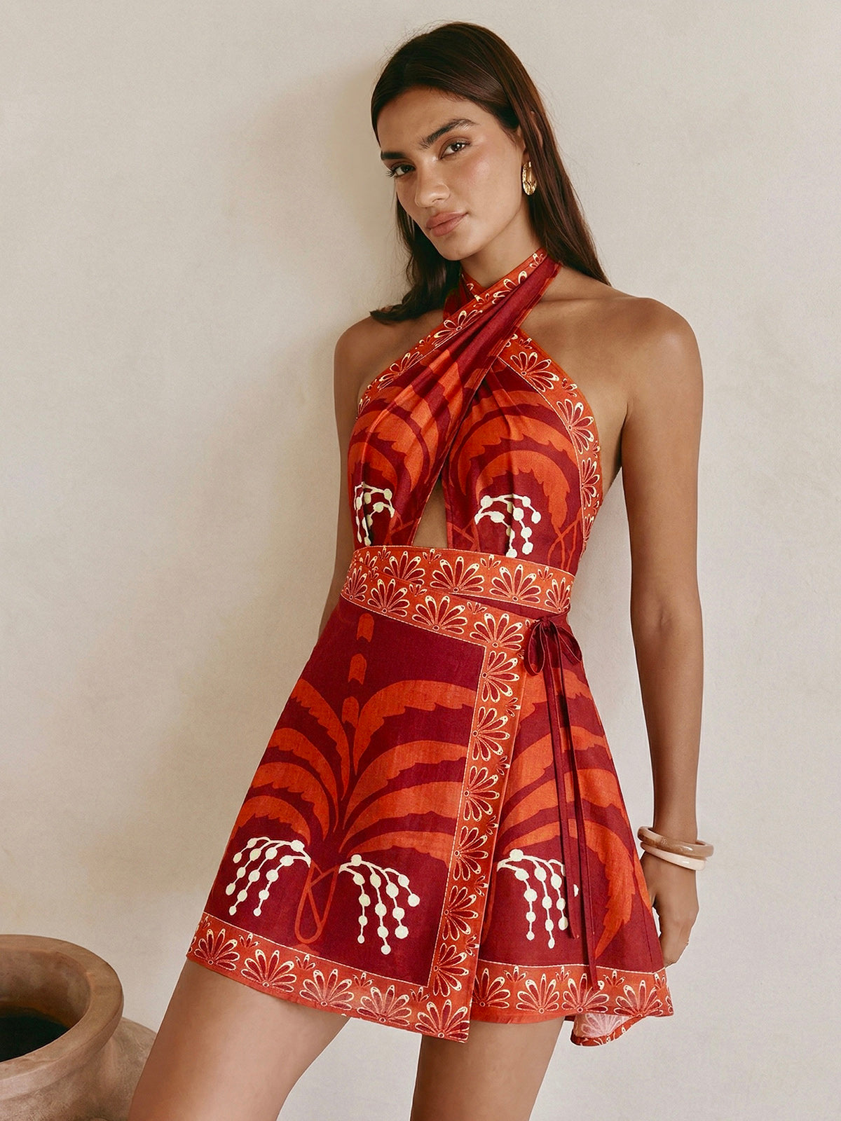 Sukienka Mini z Halterem w Tropikalny Wzór