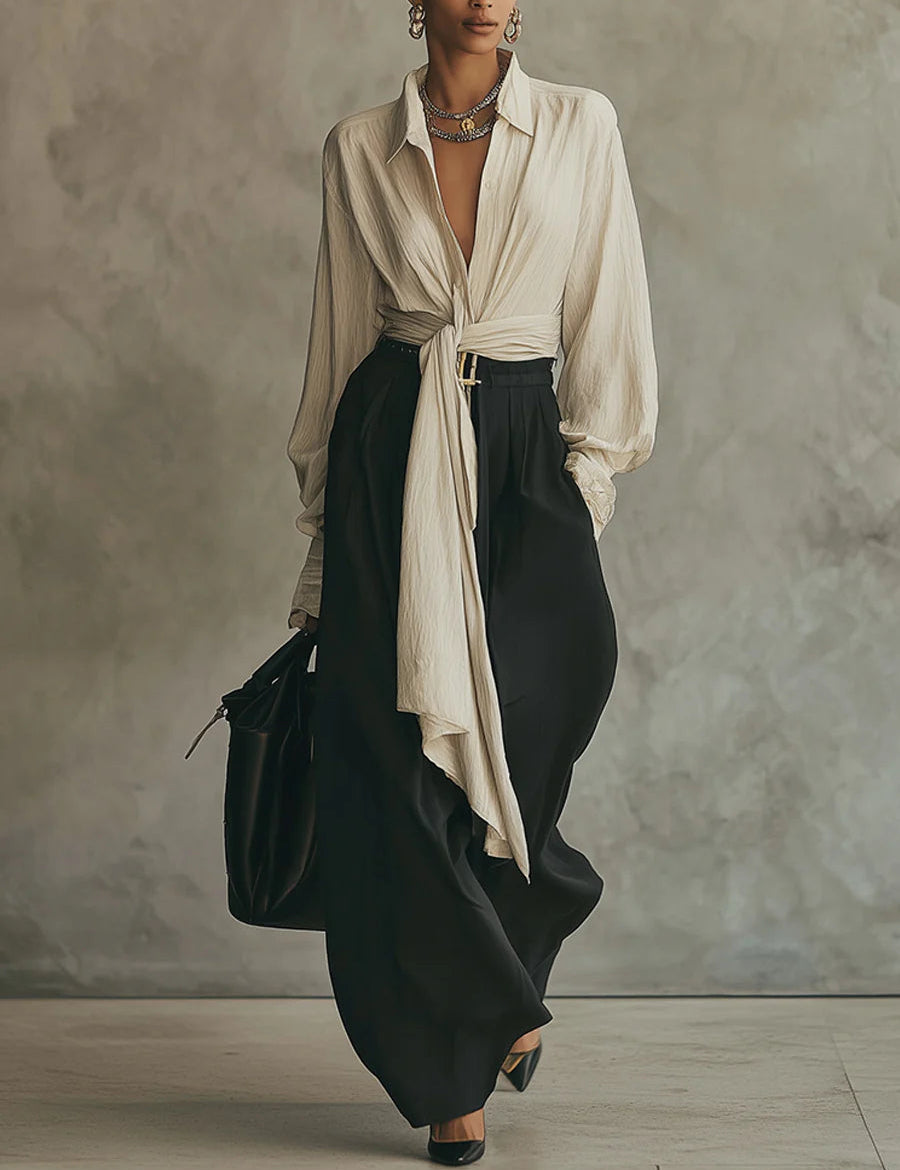 CreamAndBlackLinenBlendTieFrontShirtAndTrousersSet.jpg