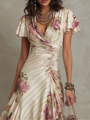 Elegancka vintage sukienka midi w kwiaty z satyny