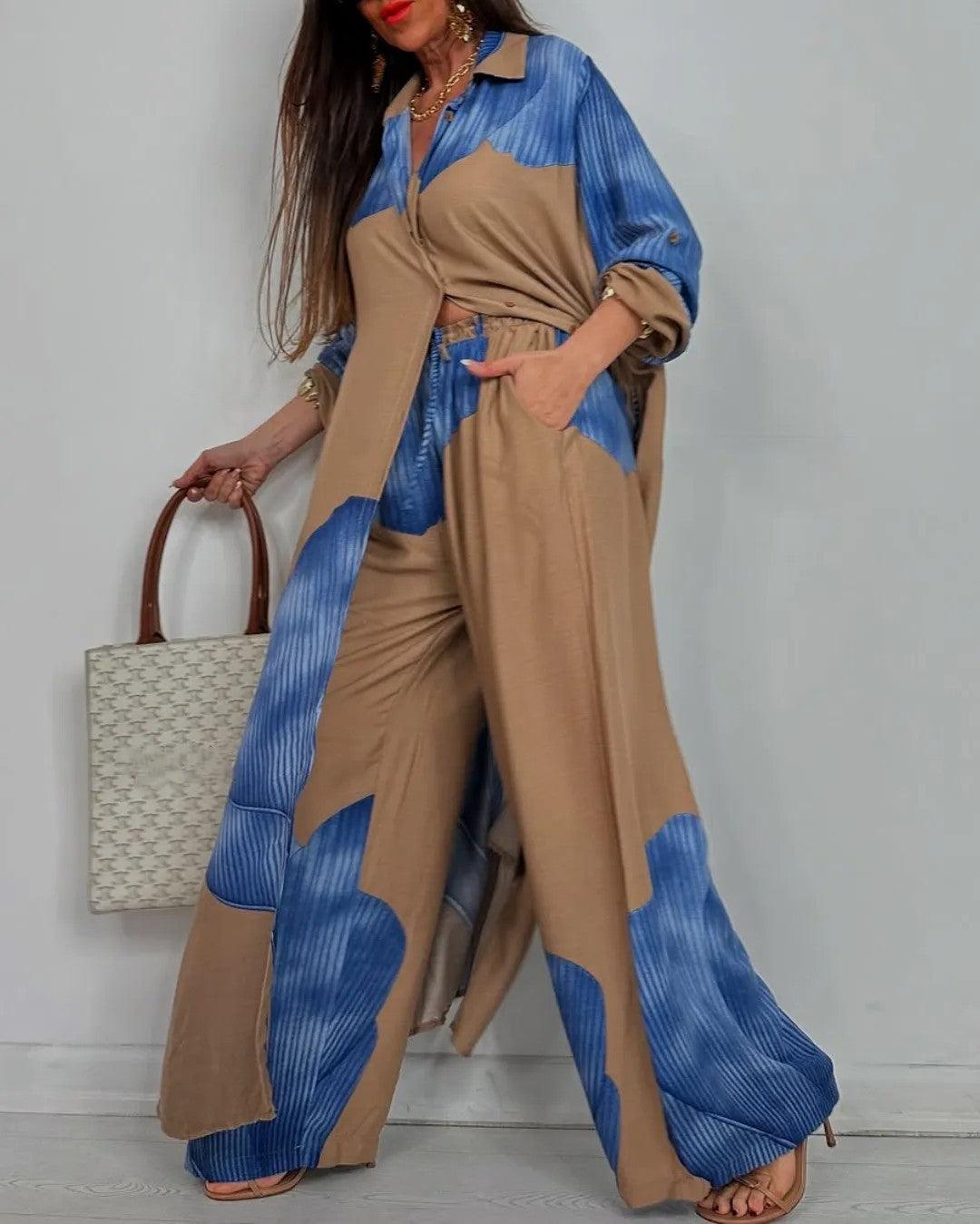 Damski top i spodnie z dekoltem w serek w stylu patchwork