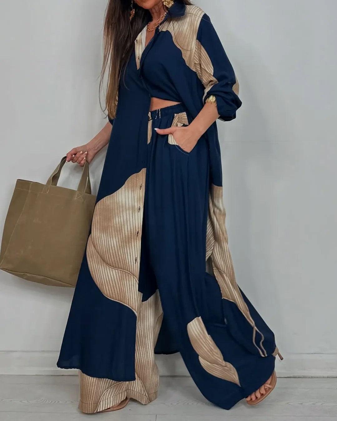 Damski top i spodnie z dekoltem w serek w stylu patchwork
