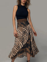 Vintage Zebra Print Patchwork Bez Rękawów Midi Sukienka