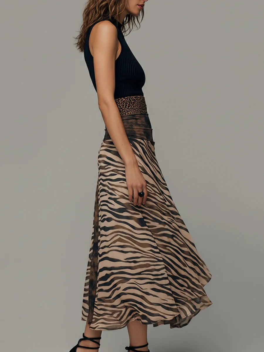 Vintage Zebra Print Patchwork Bez Rękawów Midi Sukienka