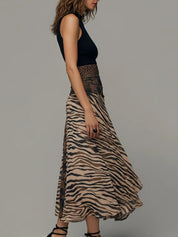 Vintage Zebra Print Patchwork Bez Rękawów Midi Sukienka