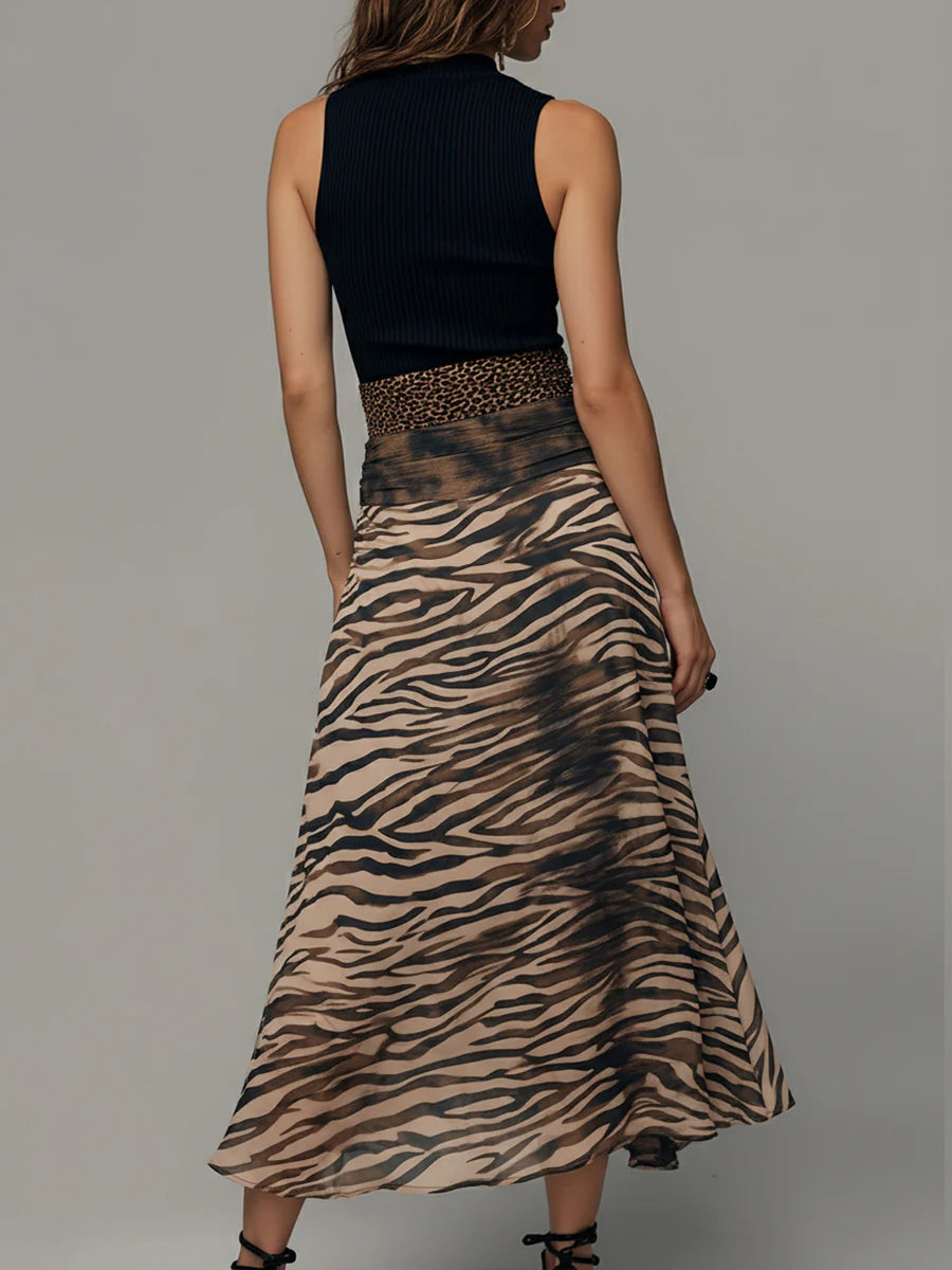 Vintage Zebra Print Patchwork Bez Rękawów Midi Sukienka
