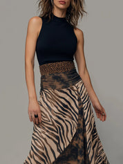 Vintage Zebra Print Patchwork Bez Rękawów Midi Sukienka