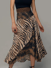 Vintage Zebra Print Patchwork Bez Rękawów Midi Sukienka