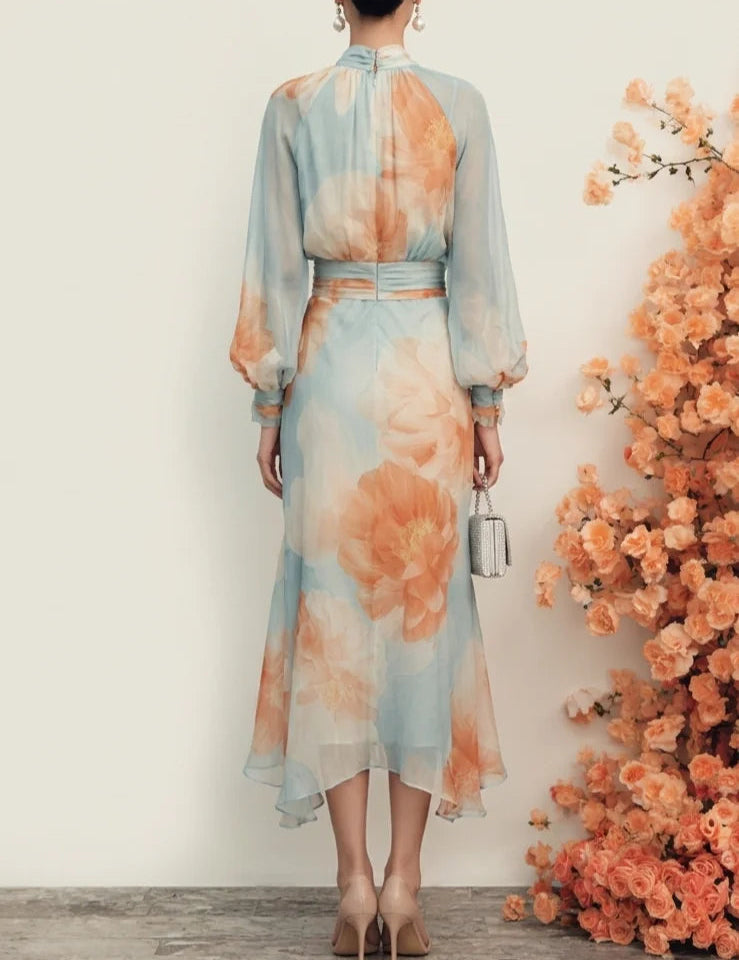 WomenLightBlueFloralMockNeckLongSleeveBalloonSleeveRomanticTopWithSkirtTwo-PieceSet_1.jpg