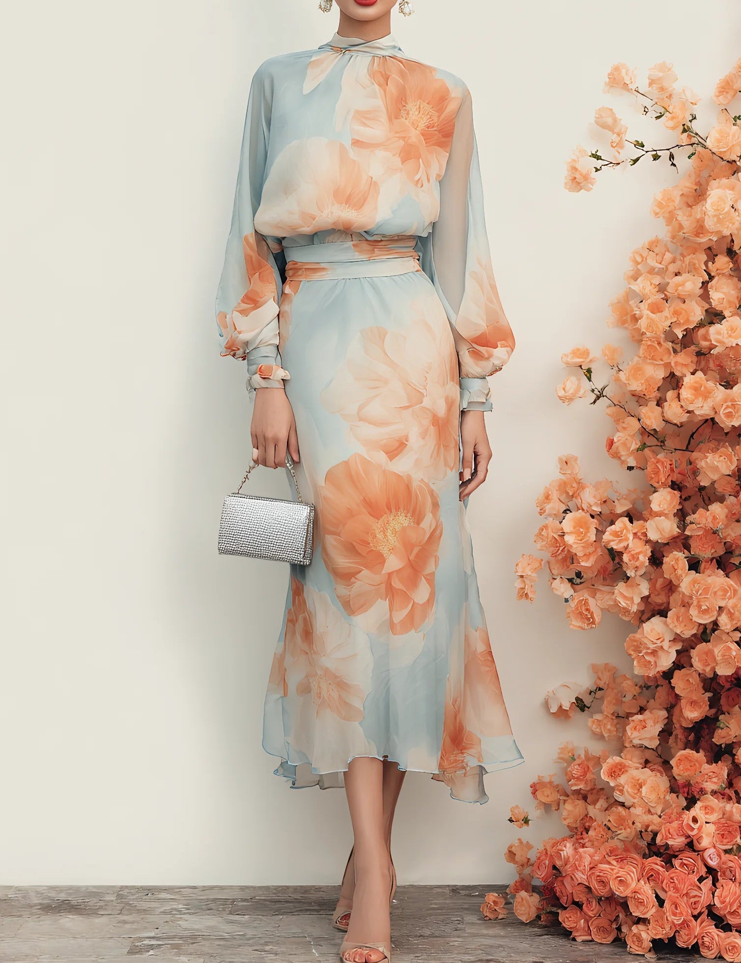 WomenLightBlueFloralMockNeckLongSleeveBalloonSleeveRomanticTopWithSkirtTwo-PieceSet_2.jpg