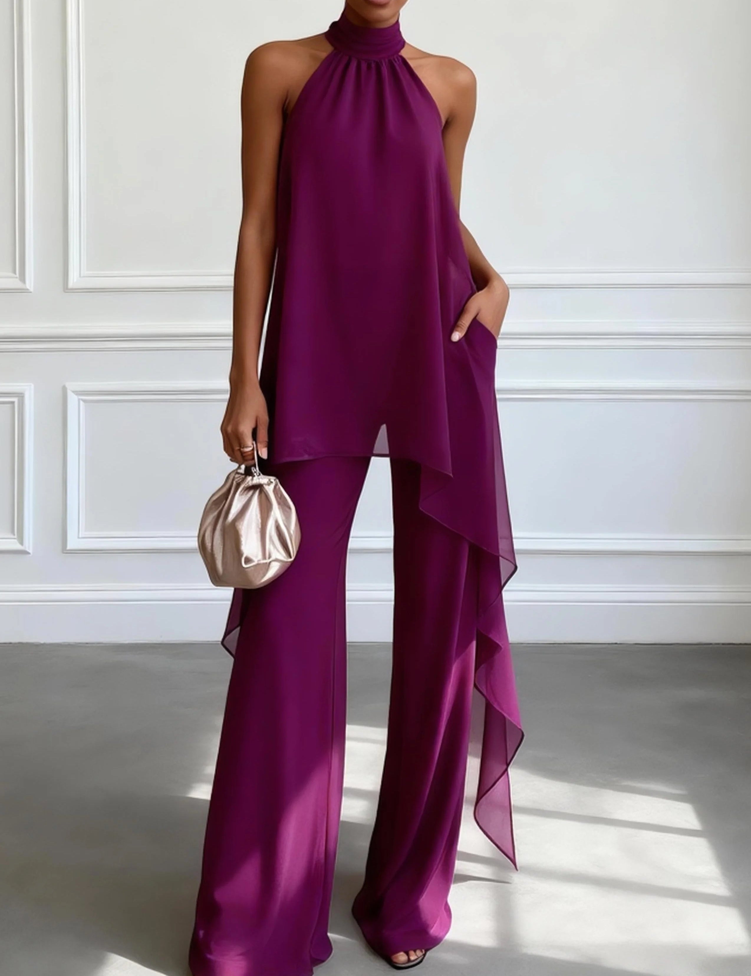 WomenPurpleAsymmetricHalterSleevelessElegantTopWithPantsTwo-PieceSet.jpg