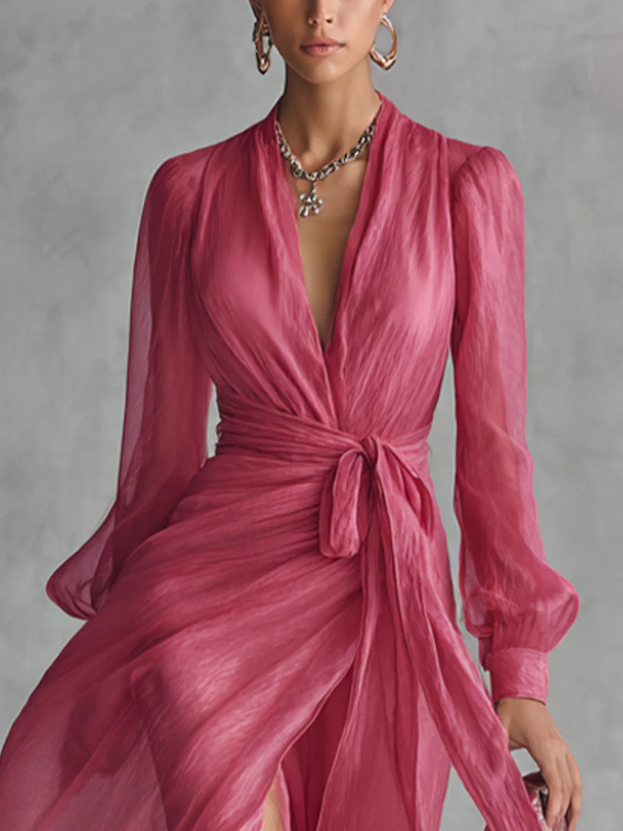 Elegancka Różowa Sukienka Chiffon z Dekoltem w Serek i Wiązaniem w Talii