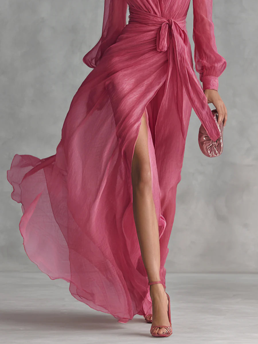 Elegancka Różowa Sukienka Chiffon z Dekoltem w Serek i Wiązaniem w Talii