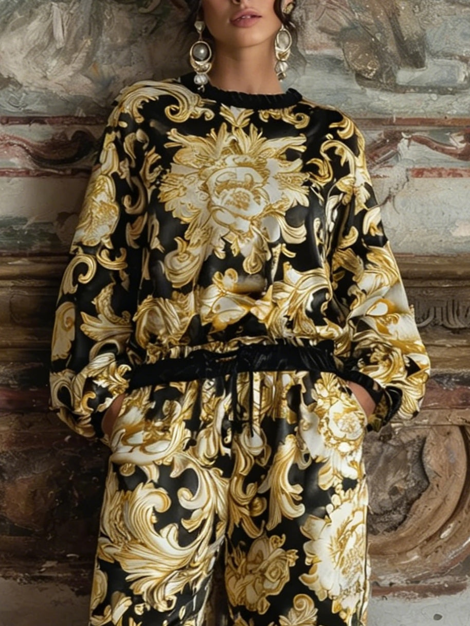 Barokowy Kwiatowy Wzór Długi Rękaw Top i Szerokie Spodnie Zestaw Loungewear