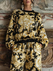 Barokowy Kwiatowy Wzór Długi Rękaw Top i Szerokie Spodnie Zestaw Loungewear