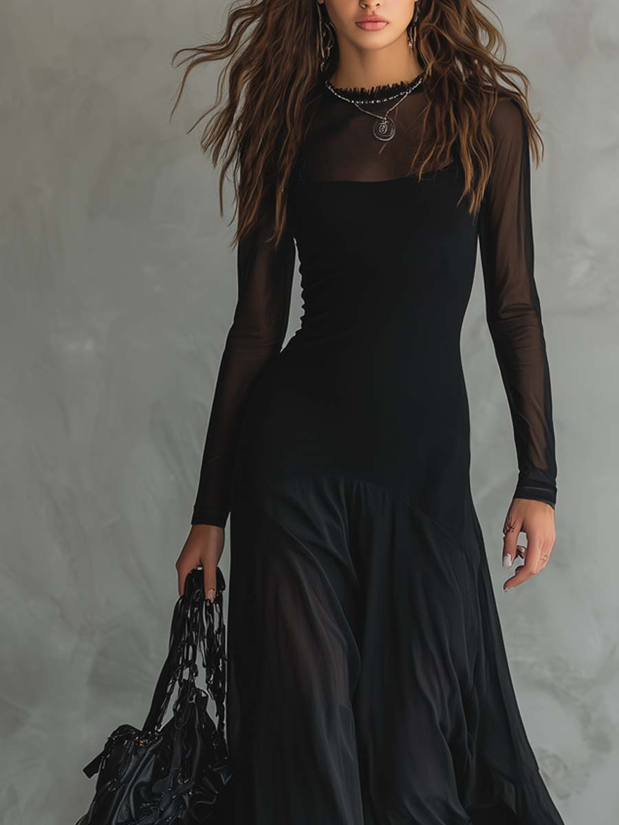Czarna Sukienka Maxi z Tiulu w Stylu Patchwork