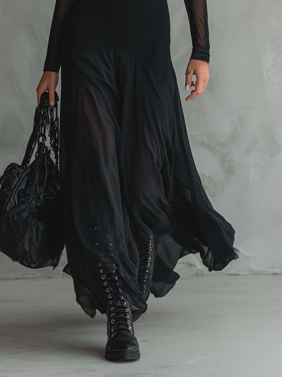Czarna Sukienka Maxi z Tiulu w Stylu Patchwork