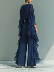 Navy Chiffon Top z Dzwonowymi Rękawami i Spodniami Prosto z Falbankami