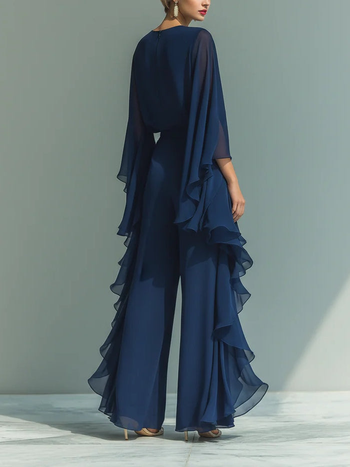 Navy Chiffon Top z Dzwonowymi Rękawami i Spodniami Prosto z Falbankami