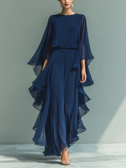 Navy Chiffon Top z Dzwonowymi Rękawami i Spodniami Prosto z Falbankami