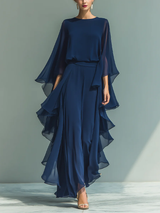 Navy Chiffon Top z Dzwonowymi Rękawami i Spodniami Prosto z Falbankami