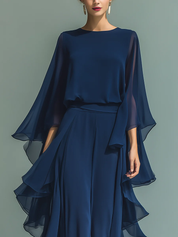 Navy Chiffon Top z Dzwonowymi Rękawami i Spodniami Prosto z Falbankami