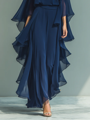 Navy Chiffon Top z Dzwonowymi Rękawami i Spodniami Prosto z Falbankami