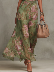 Zielona Kwiatowa Sukienka Maxi z Chiffonu na Ramiączkach