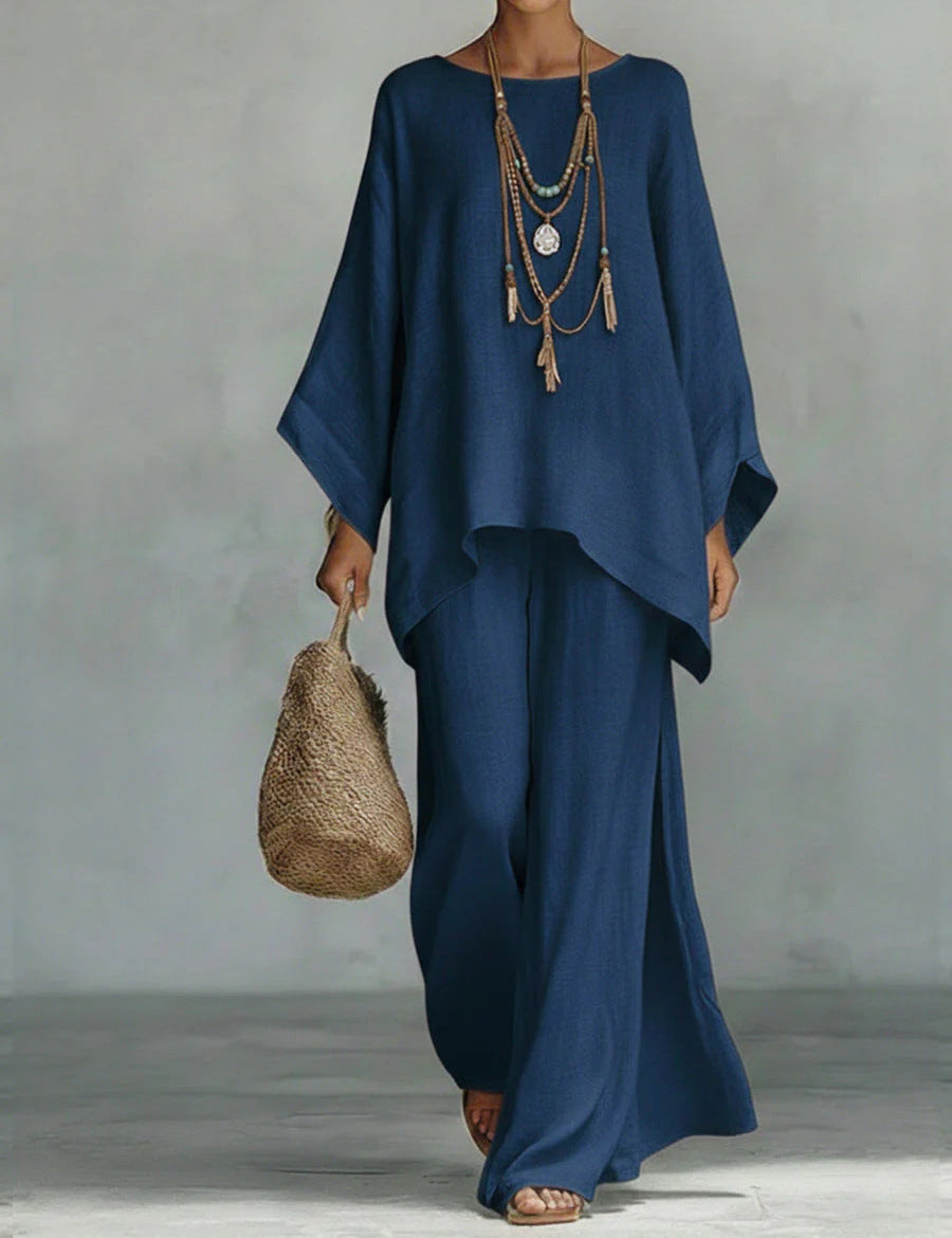 Minimalistyczny Top i Spodnie z Włókna Lnianego w Stylu Casual - Zestaw Dwuczęściowy