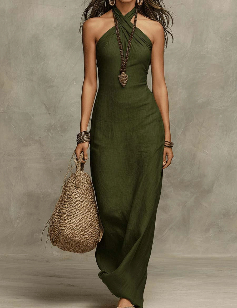 Sukienka maxi z dekoltem halter w stylu soft drape z faux lnu