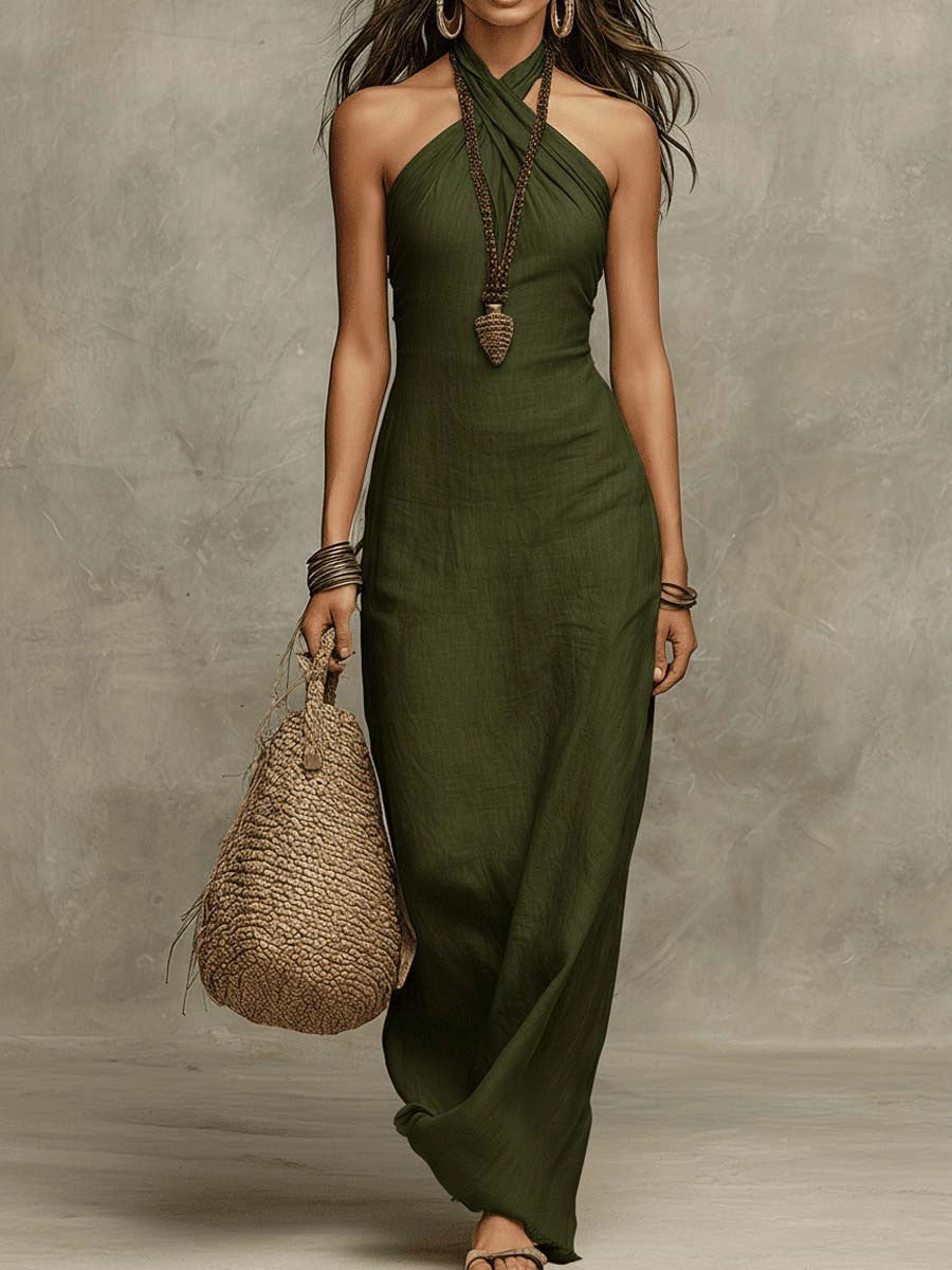 Sukienka maxi z dekoltem halter w stylu soft drape z faux lnu