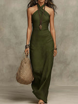 Sukienka maxi z dekoltem halter w stylu soft drape z faux lnu