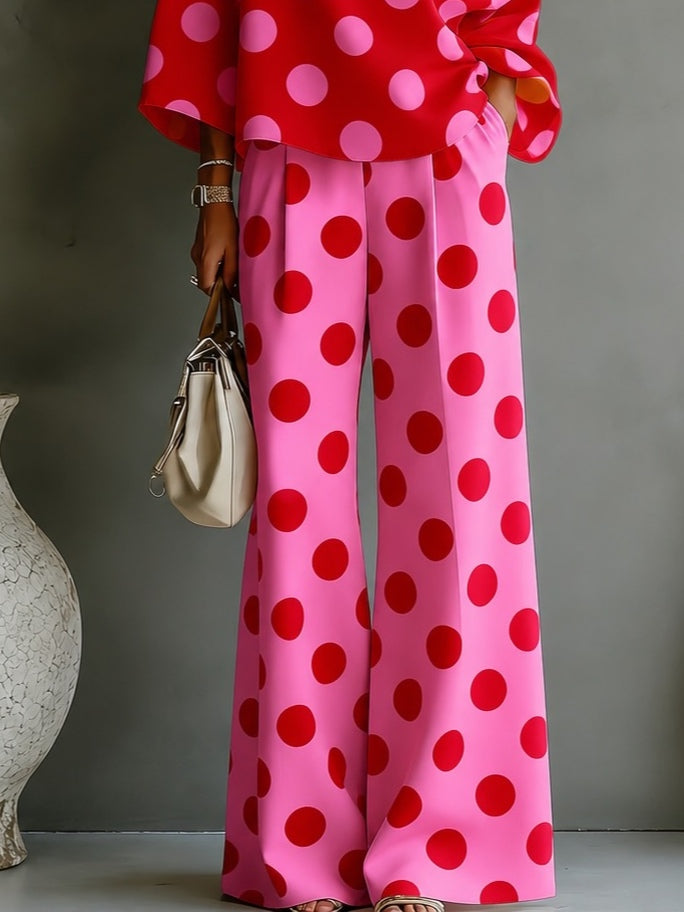 Retro Różowa Bluzka Off-shoulder w Kropki i Szerokie Spodnie - Dwuczęściowy Zestaw
