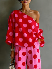 Retro Różowa Bluzka Off-shoulder w Kropki i Szerokie Spodnie - Dwuczęściowy Zestaw