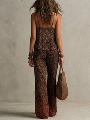 Boho Gradientowy Print Lamparta Luźny Szlafrok Zestaw Trzyczęściowy