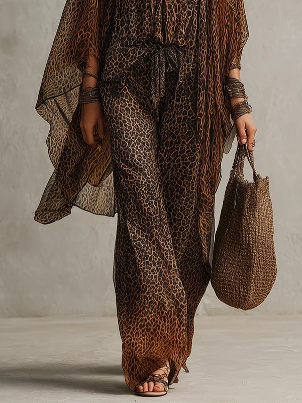 Boho Gradientowy Print Lamparta Luźny Szlafrok Zestaw Trzyczęściowy