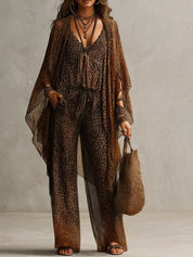 Boho Gradientowy Print Lamparta Luźny Szlafrok Zestaw Trzyczęściowy