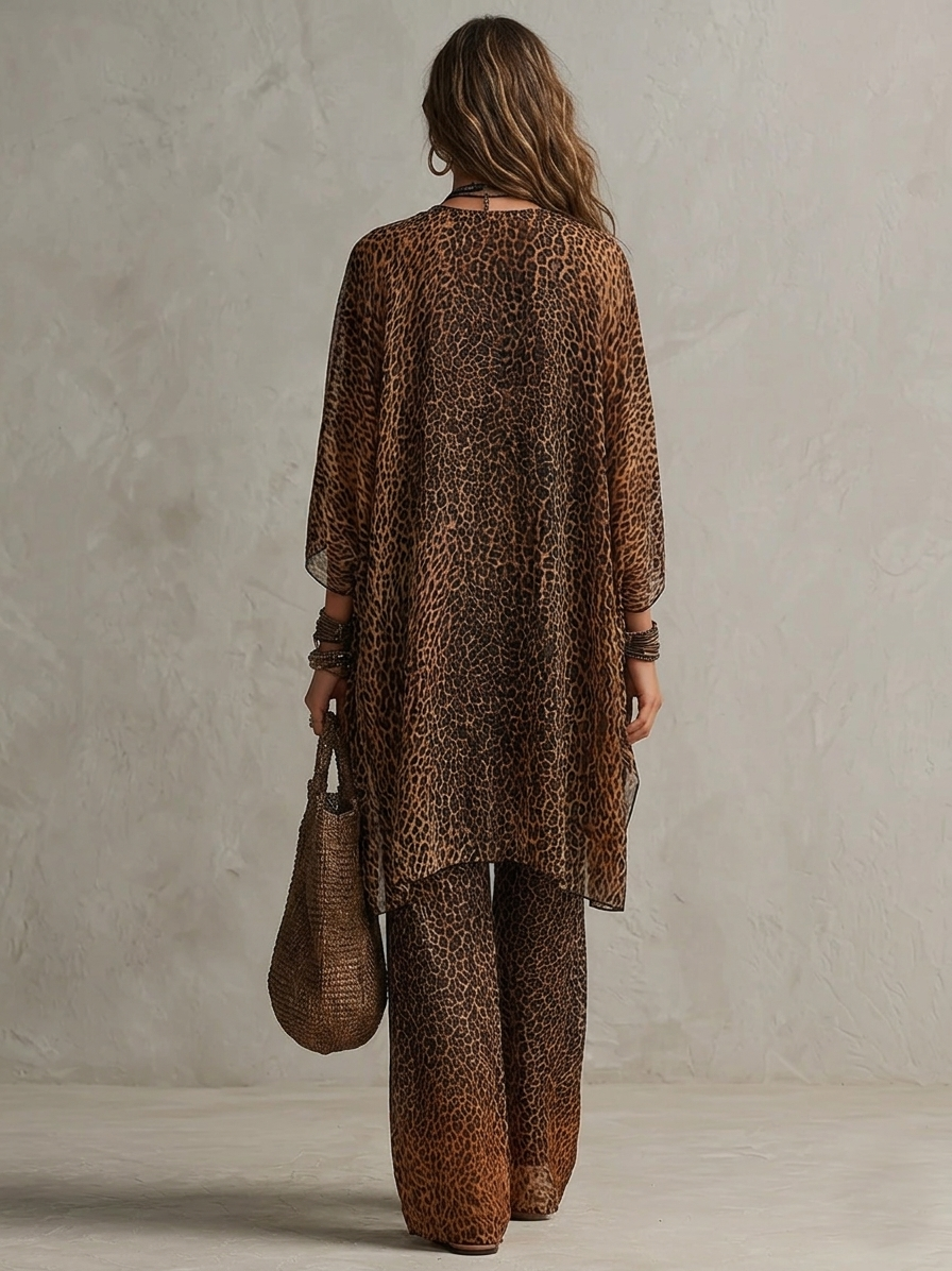 Boho Gradientowy Print Lamparta Luźny Szlafrok Zestaw Trzyczęściowy
