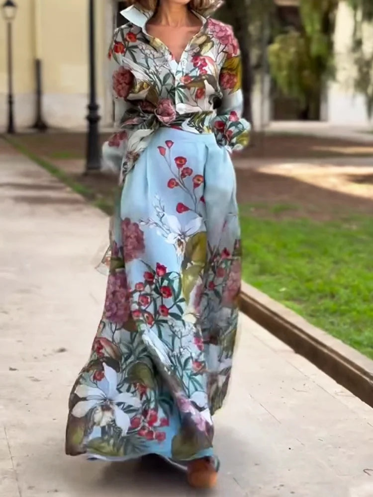 Elegancki zestaw z kwiatowym nadrukiem: koszula i spódnica